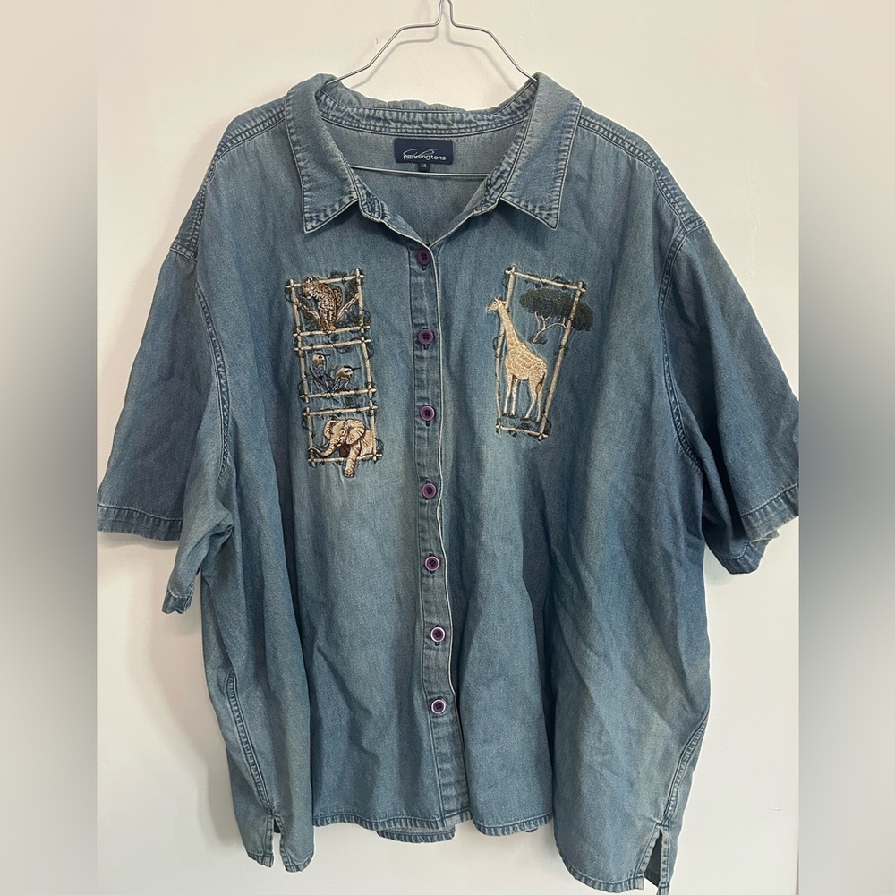 Vintage Penningtons Blue Denim Shirt with Animal Giraffe Cheetah Embroidery
